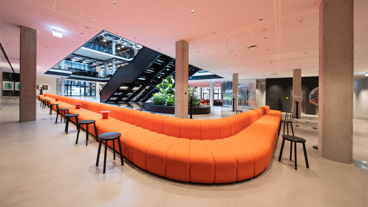 waiting room with 30 metre long sofa in the atrium of the HoC